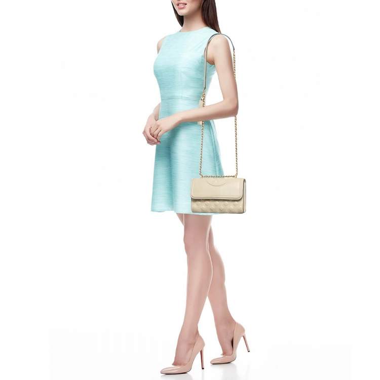 Pre Owned Tory Burch Light Beige Leather Small Fleming Shoulder Bag