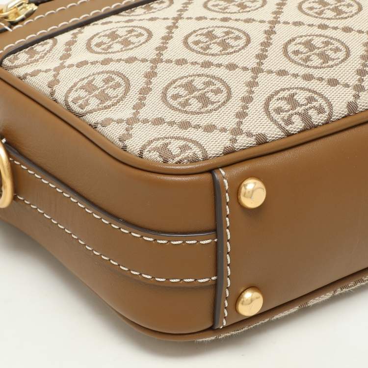 Pre Owned Tory Burch Brown/Beige T Monogram Jacquard and Leather Crossbody Bag