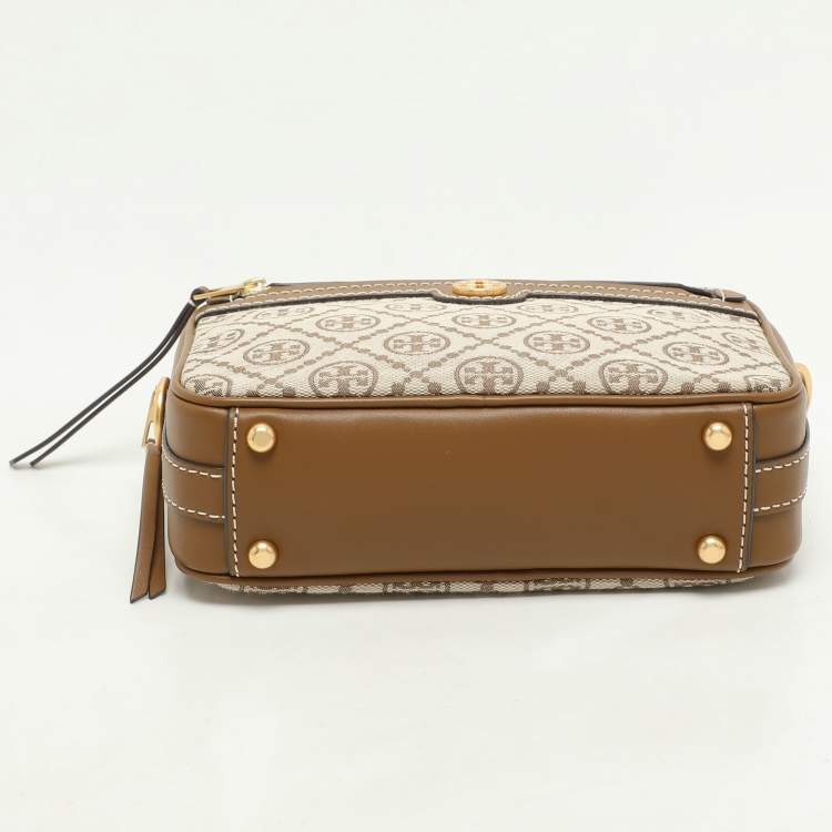 Pre Owned Tory Burch Brown/Beige T Monogram Jacquard and Leather Crossbody Bag