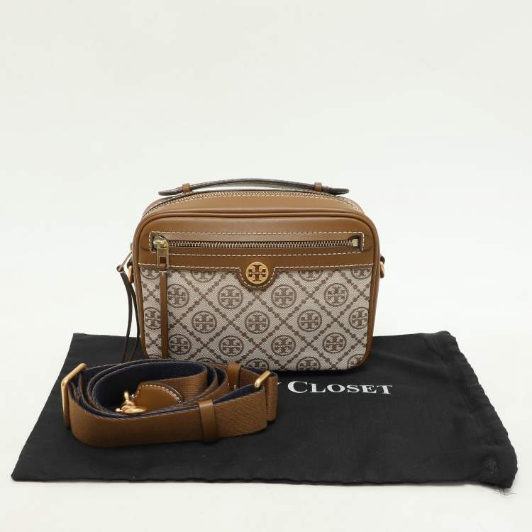 Pre Owned Tory Burch Brown/Beige T Monogram Jacquard and Leather Crossbody Bag