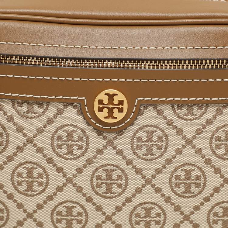 Pre Owned Tory Burch Brown/Beige T Monogram Jacquard and Leather Crossbody Bag