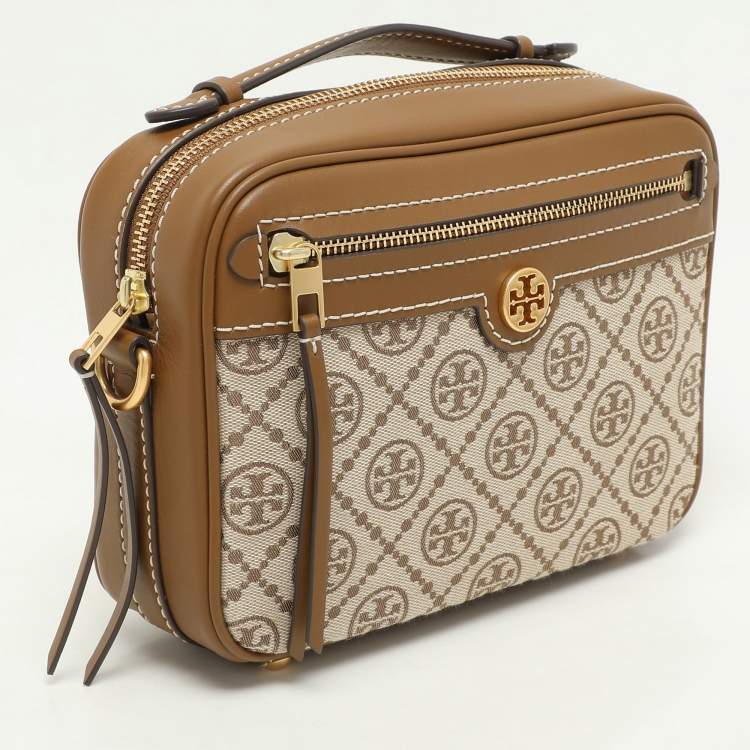 Pre Owned Tory Burch Brown/Beige T Monogram Jacquard and Leather Crossbody Bag