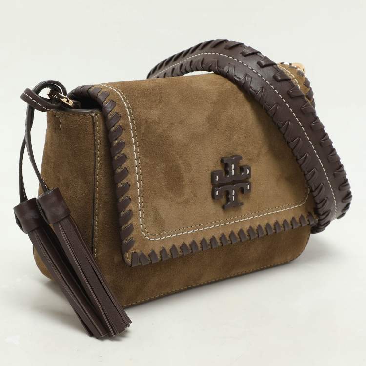 مملوكة مسبقًا Tory Burch Green Leather and Suede Whipstitch Flap Bag