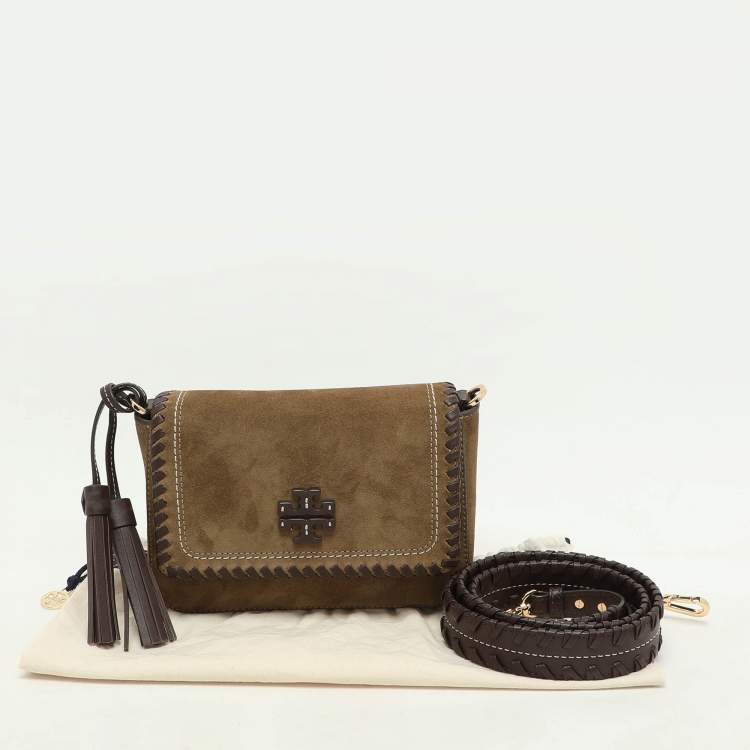 مملوكة مسبقًا Tory Burch Green Leather and Suede Whipstitch Flap Bag