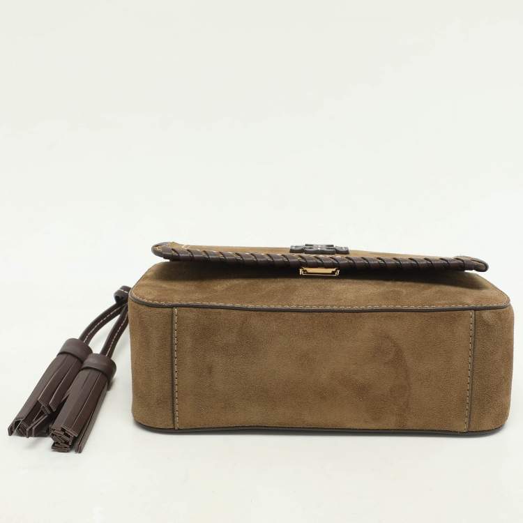 مملوكة مسبقًا Tory Burch Green Leather and Suede Whipstitch Flap Bag