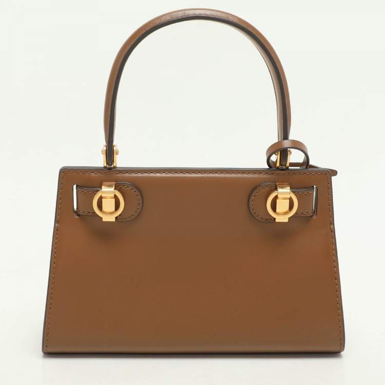 Pre Owned Tory Burch Brown Leather Petite Lee Radziwill Crossbody Bag