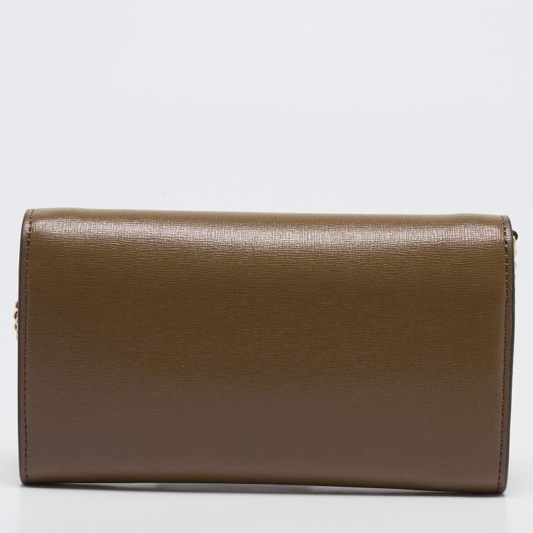 Pre Owned Tory Burch Olive Green Leather Robinson Wallet On Chain