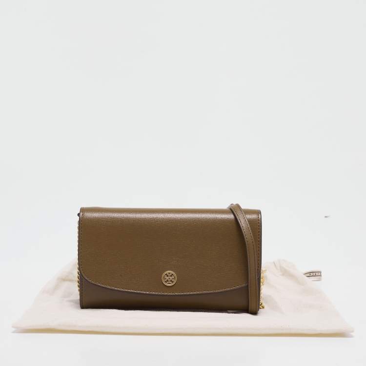Pre Owned Tory Burch Olive Green Leather Robinson Wallet On Chain