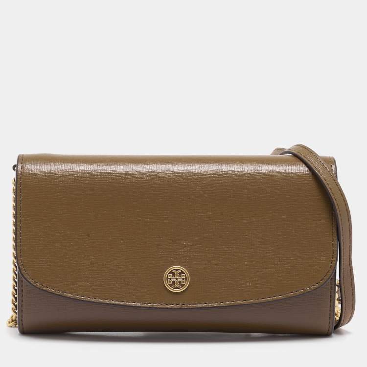 Pre Owned Tory Burch Olive Green Leather Robinson Wallet On Chain