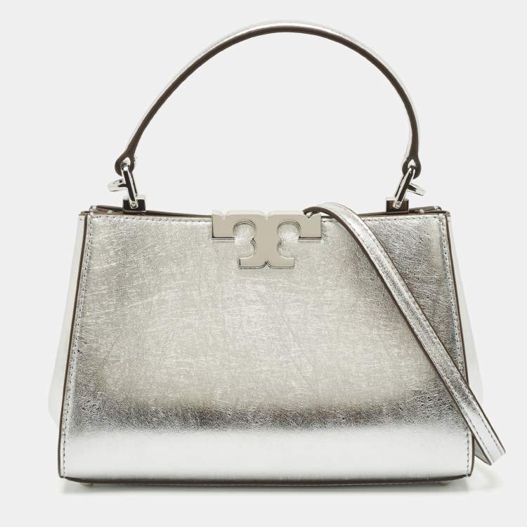 Pre Owned Tory Burch Silver Leather Mini Eleanor Top Handle Bag