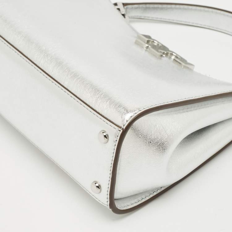 Pre Owned Tory Burch Silver Leather Mini Eleanor Top Handle Bag