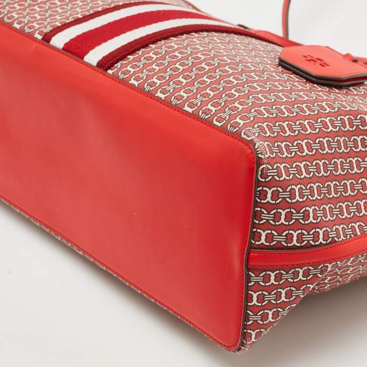 Pre Owned Tory Burch Red Gemini Link Coated Canvas and Leather Top Zip Tote