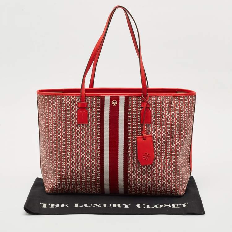 Pre Owned Tory Burch Red Gemini Link Coated Canvas and Leather Top Zip Tote