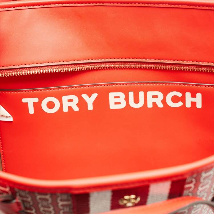 Pre Owned Tory Burch Red Gemini Link Coated Canvas and Leather Top Zip Tote