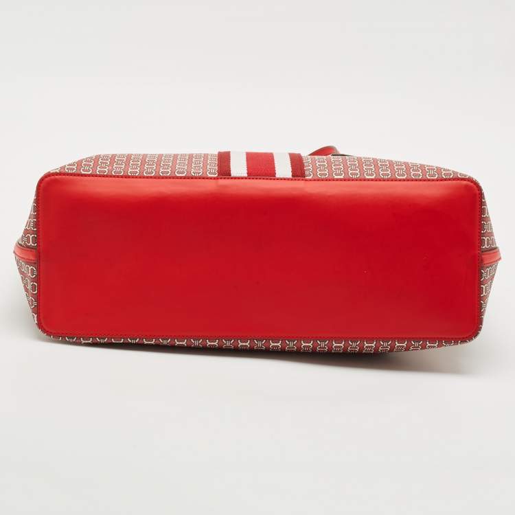 Pre Owned Tory Burch Red Gemini Link Coated Canvas and Leather Top Zip Tote
