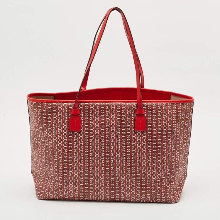 Pre Owned Tory Burch Red Gemini Link Coated Canvas and Leather Top Zip Tote