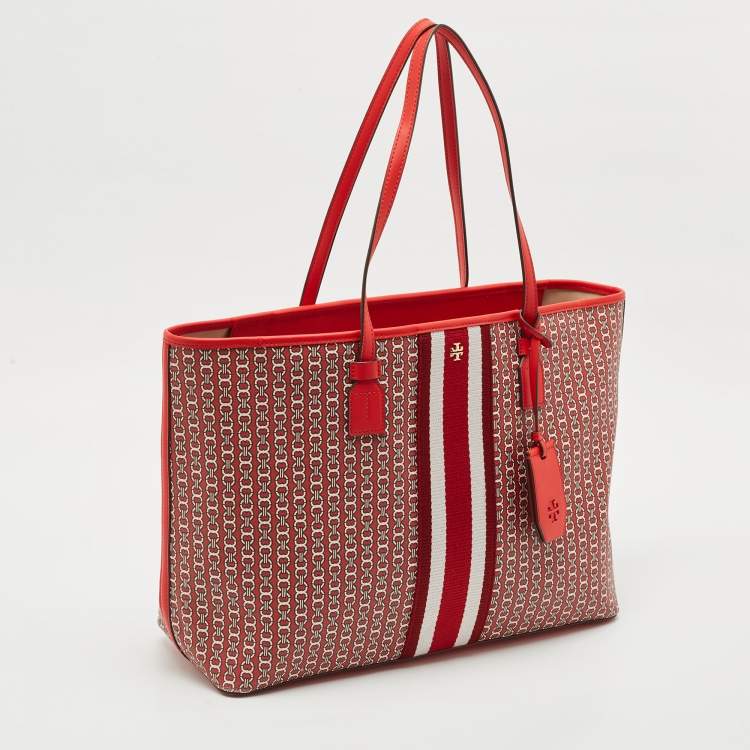 Pre Owned Tory Burch Red Gemini Link Coated Canvas and Leather Top Zip Tote