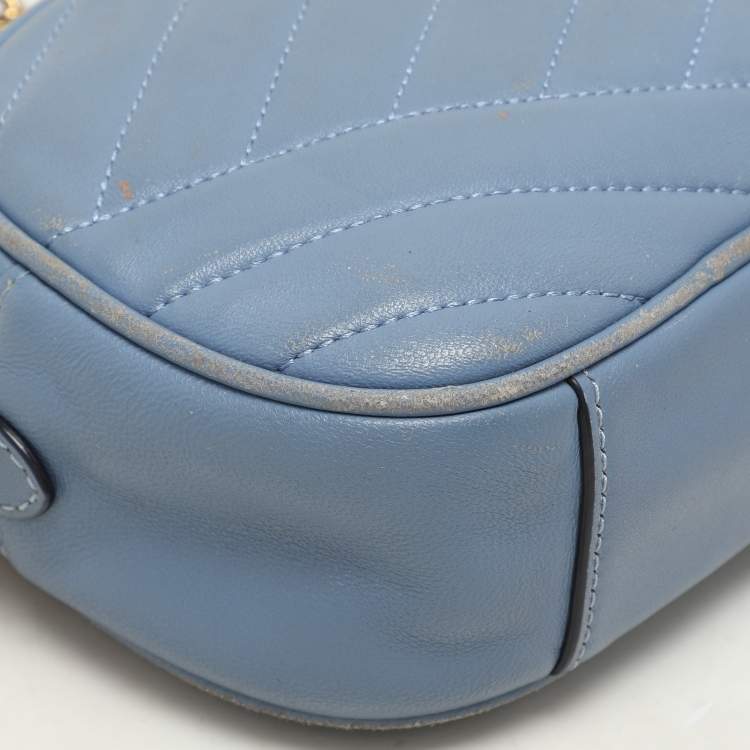 Pre Owned Tory Burch Blue Chevron Leather Small Kira Camera Bag