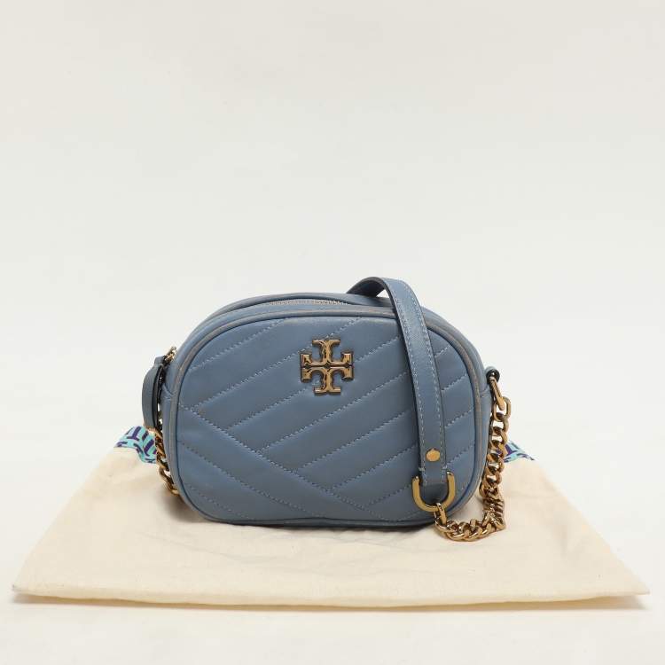 Pre Owned Tory Burch Blue Chevron Leather Small Kira Camera Bag