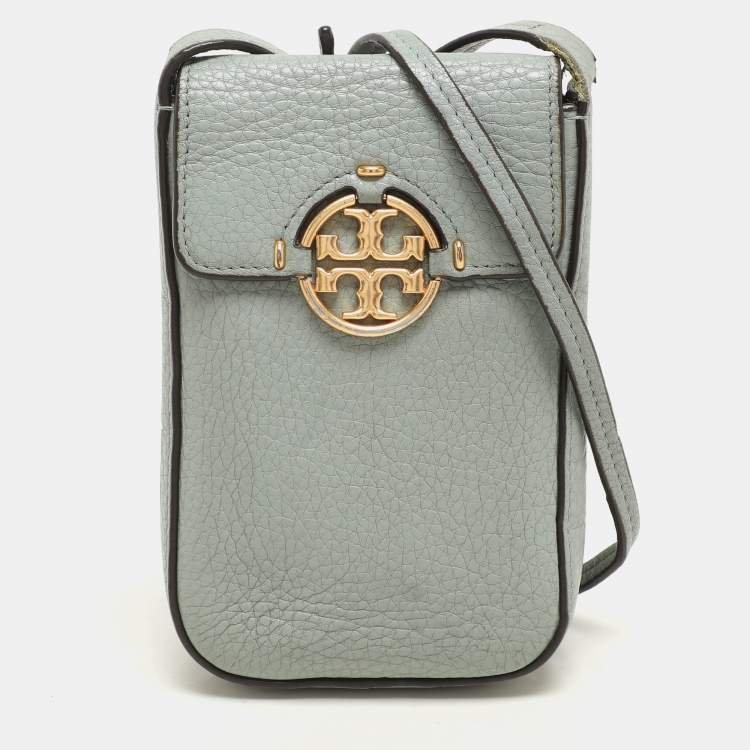 Pre Owned Tory Burch Green Leather Miller Phone Crossbody Bag