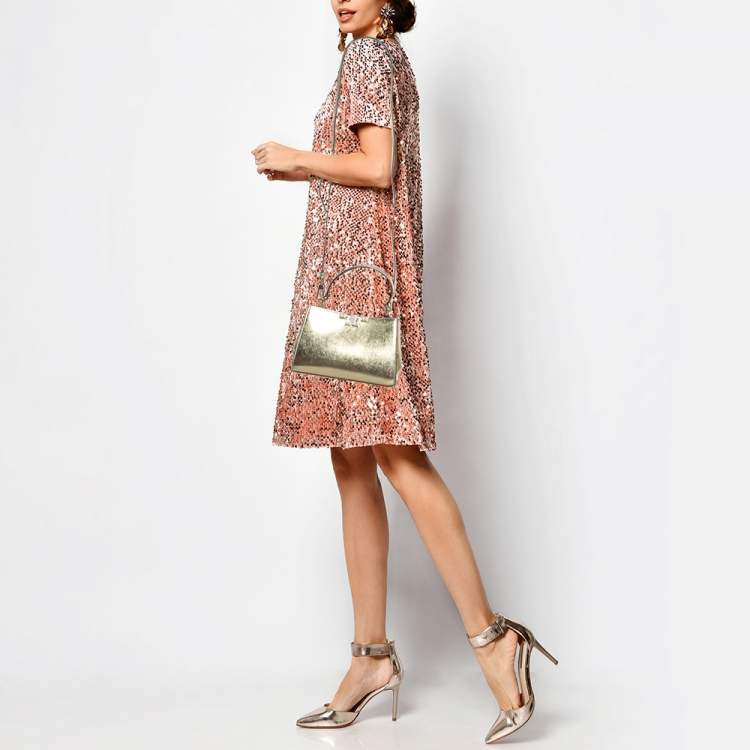 Pre Owned Tory Burch Gold Leather Mini Eleanor Top Handle Bag