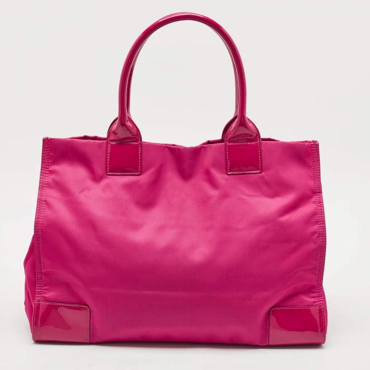 Pre Owned Tory Burch Magenta Patent Leather and Nylon Large Ella Tote