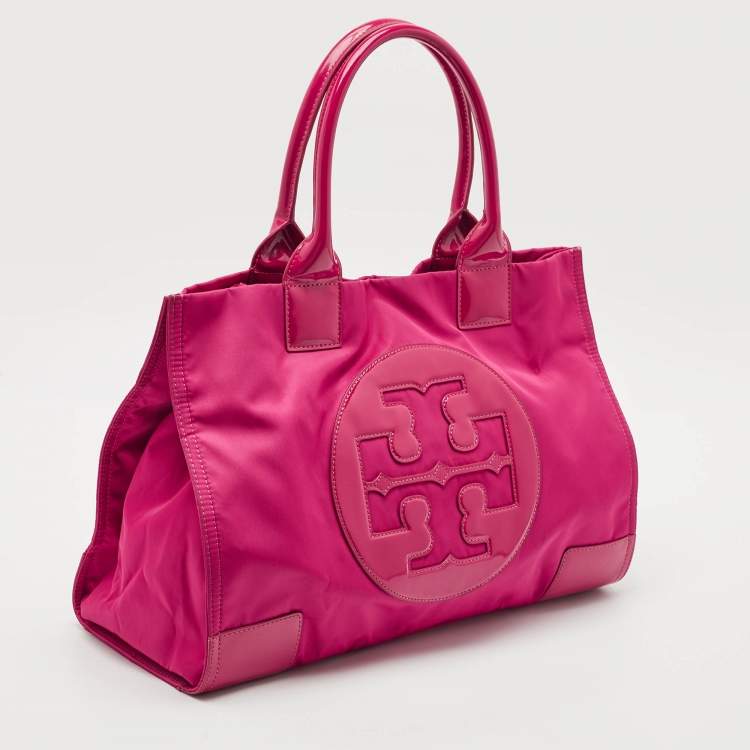 Pre Owned Tory Burch Magenta Patent Leather and Nylon Large Ella Tote
