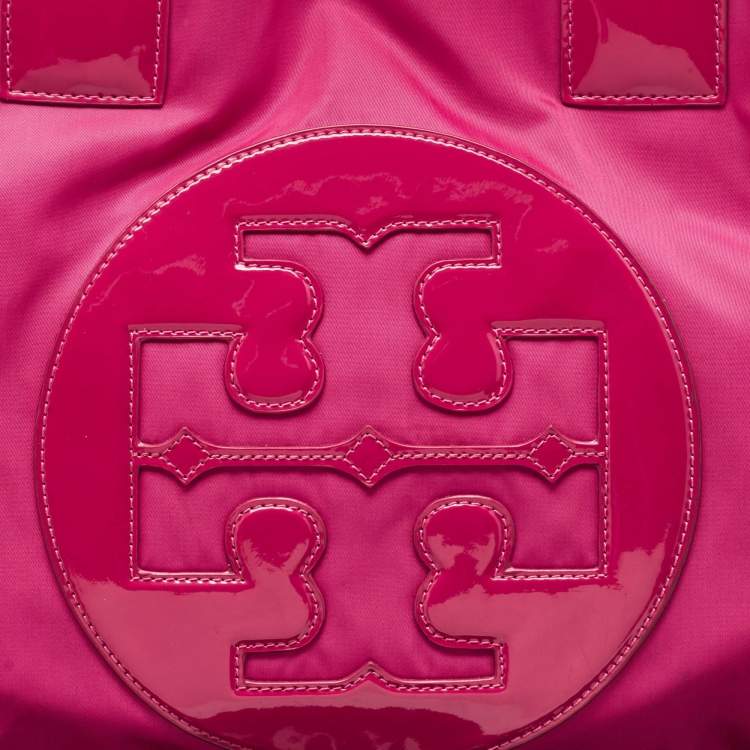 Pre Owned Tory Burch Magenta Patent Leather and Nylon Large Ella Tote