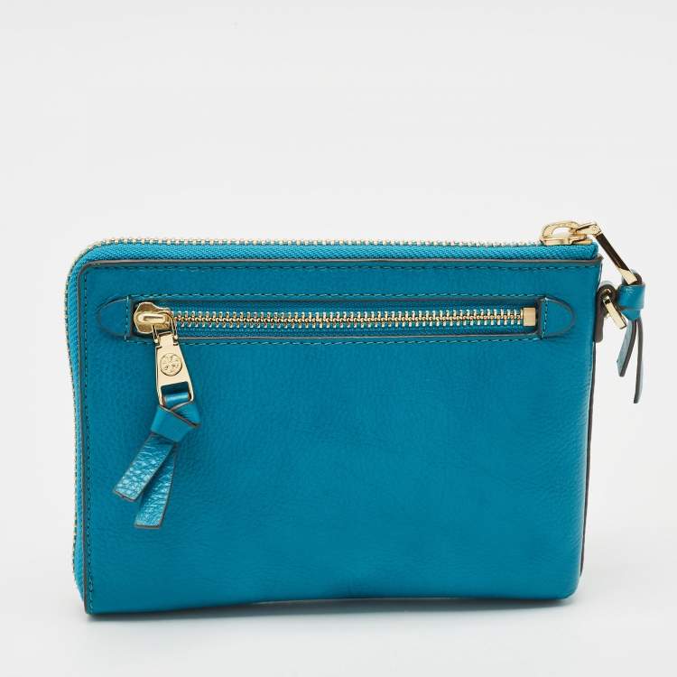 Pre Owned Tory Burch Teal Green Leather Zip Wristlet Clutch