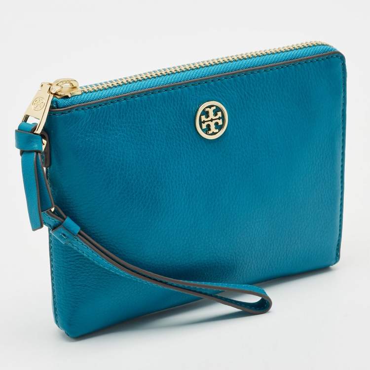 Pre Owned Tory Burch Teal Green Leather Zip Wristlet Clutch