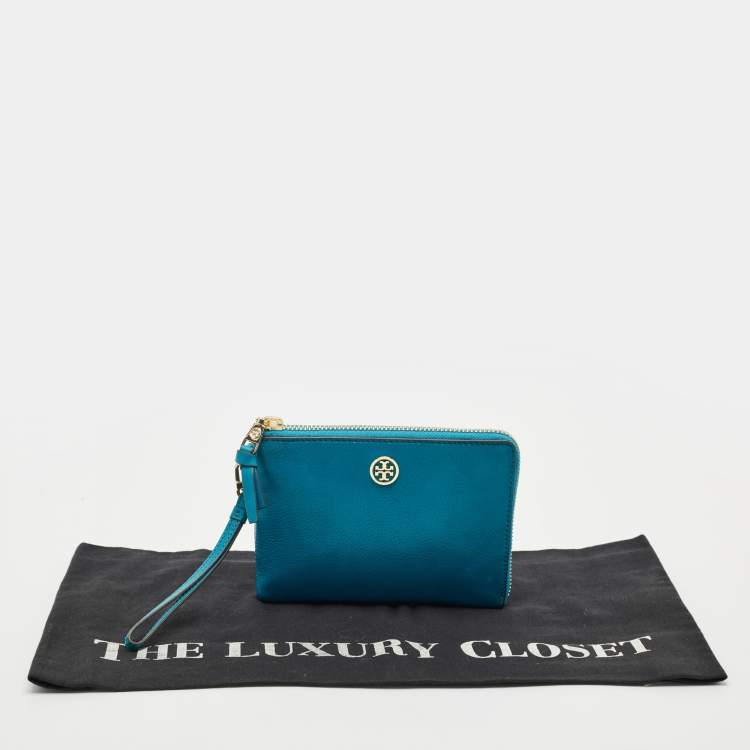 Pre Owned Tory Burch Teal Green Leather Zip Wristlet Clutch