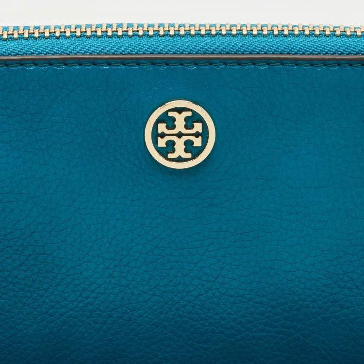 Pre Owned Tory Burch Teal Green Leather Zip Wristlet Clutch