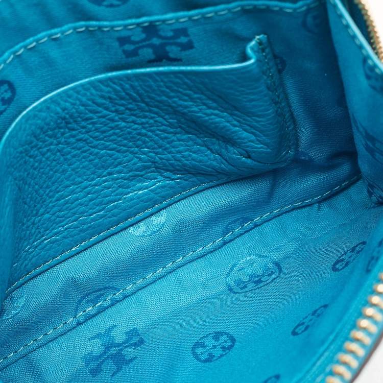 Pre Owned Tory Burch Teal Green Leather Zip Wristlet Clutch