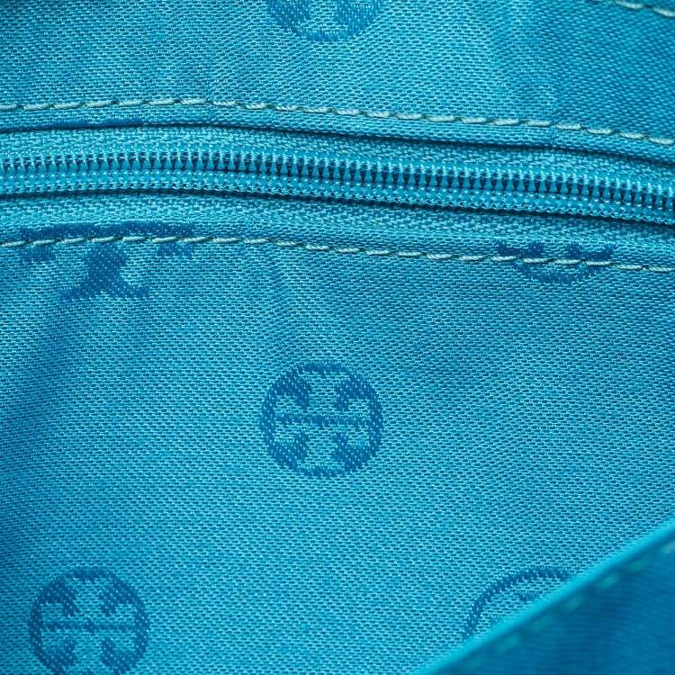 Pre Owned Tory Burch Teal Green Leather Zip Wristlet Clutch