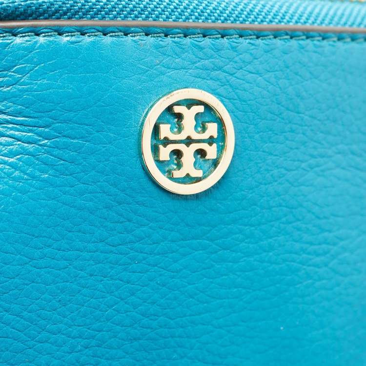 Pre Owned Tory Burch Teal Green Leather Zip Wristlet Clutch