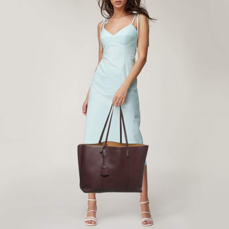 Pre Owned Tory Burch Burgundy Leather Large Triple Compartment Perry Tote