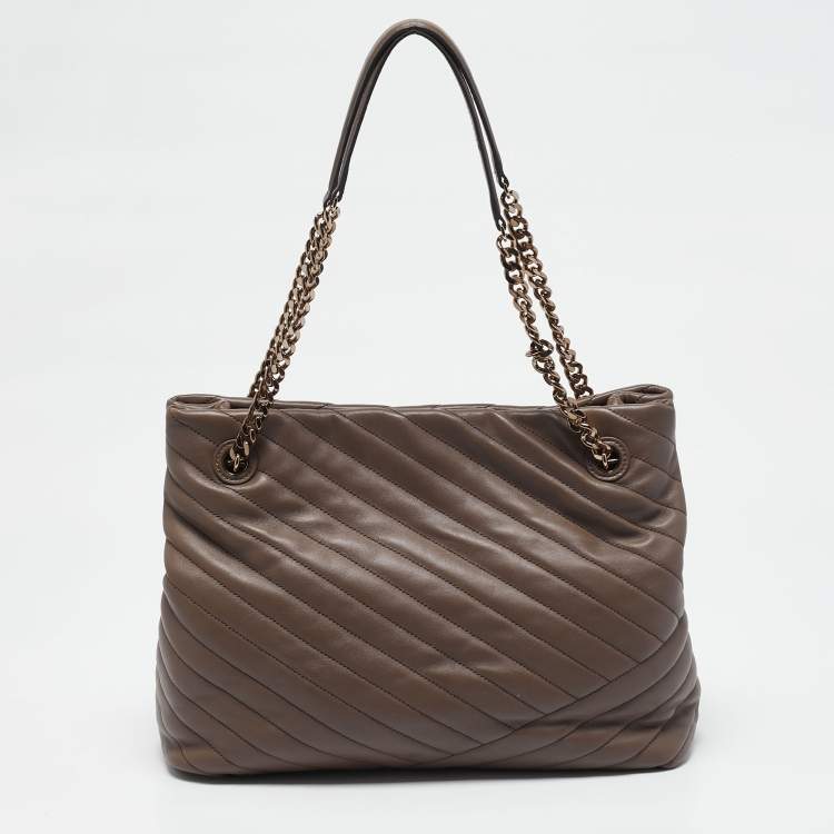 Pre Owned Tory Burch Beige Chevron Leather Kira Tote