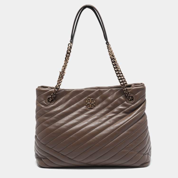Pre Owned Tory Burch Beige Chevron Leather Kira Tote