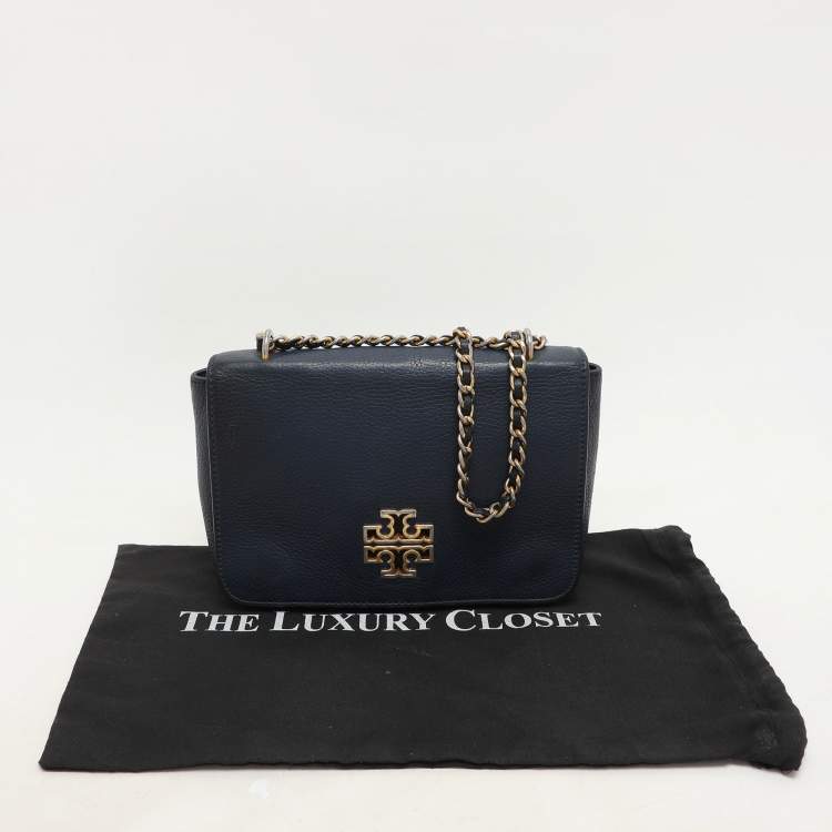 Pre Owned Tory Burch Blue Leather Logo Flap Shoulder Bag