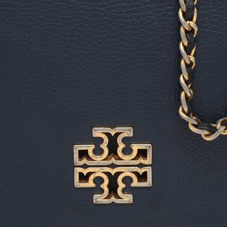 Pre Owned Tory Burch Blue Leather Logo Flap Shoulder Bag