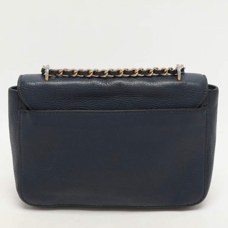 Pre Owned Tory Burch Blue Leather Logo Flap Shoulder Bag