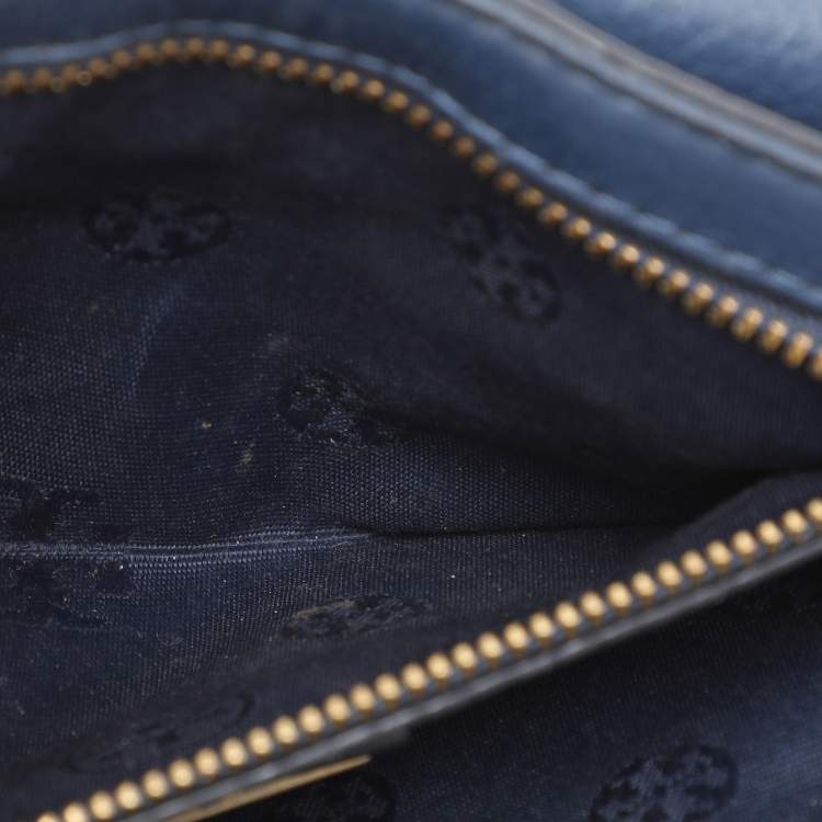 Pre Owned Tory Burch Blue Leather Logo Flap Shoulder Bag