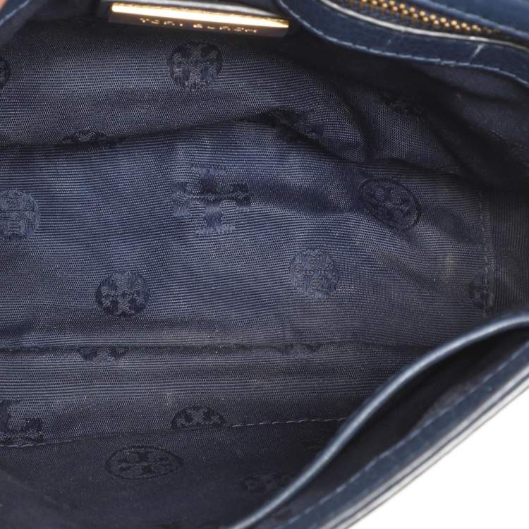 Pre Owned Tory Burch Blue Leather Logo Flap Shoulder Bag