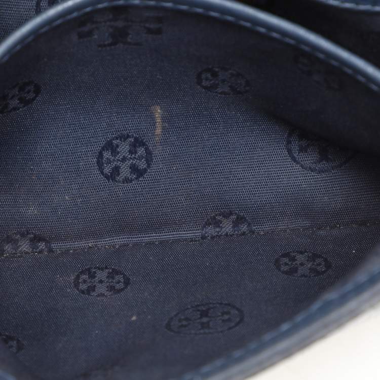 Pre Owned Tory Burch Blue Leather Logo Flap Shoulder Bag