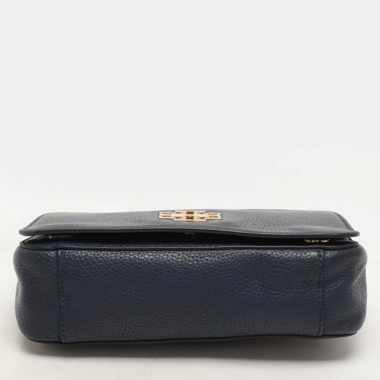 Pre Owned Tory Burch Blue Leather Logo Flap Shoulder Bag