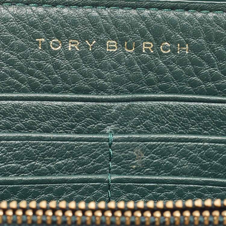 Pre Owned Tory Burch Dark Green Leather Britten Zip Around Wallet