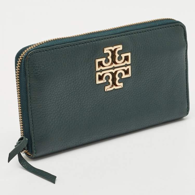 Pre Owned Tory Burch Dark Green Leather Britten Zip Around Wallet