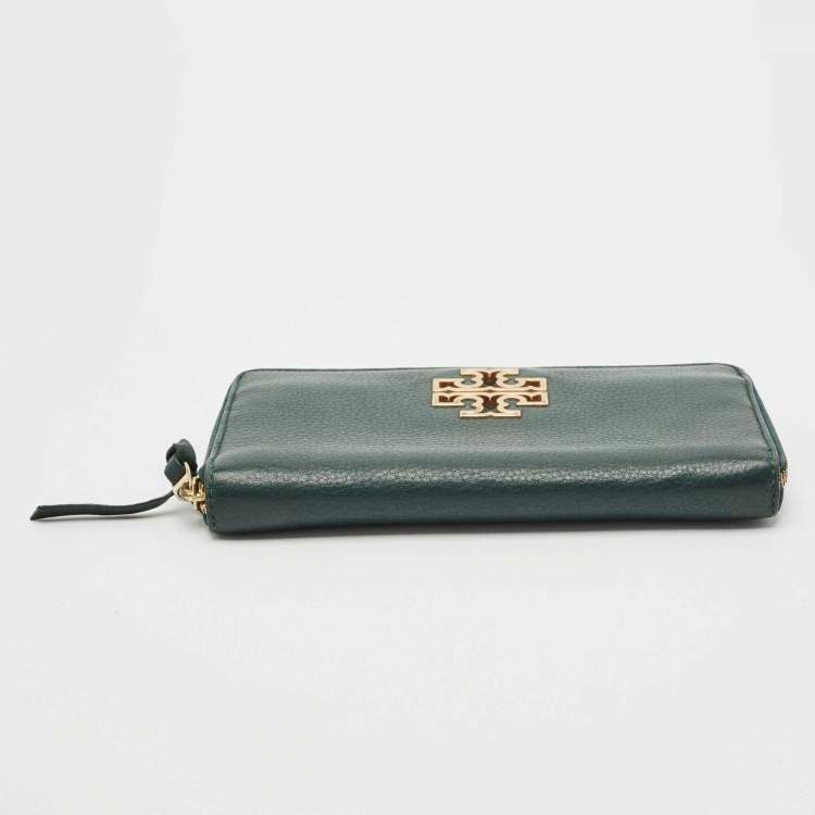 Pre Owned Tory Burch Dark Green Leather Britten Zip Around Wallet