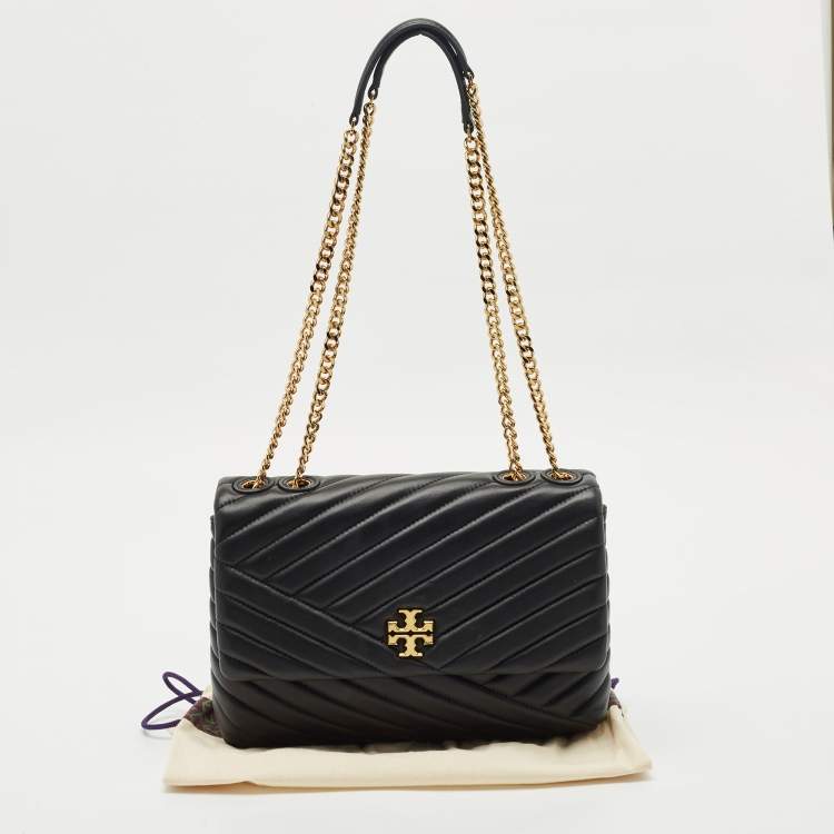 Pre Owned Tory Burch Black Chevron Leather Kira Convertible Shoulder Bag