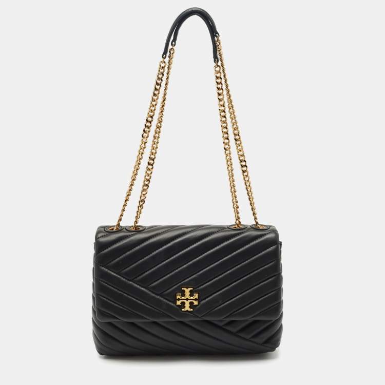 Pre Owned Tory Burch Black Chevron Leather Kira Convertible Shoulder Bag